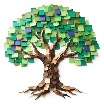 A tree made of sticky notes: brown paper roots and trunk, a canopy of green notes, and a few indigo notes among the leaves.